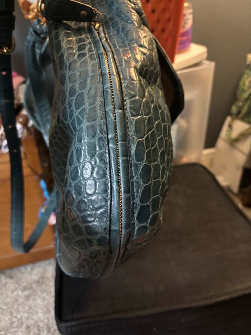 Teal Croc-Embossed Leather Tote Bag with Gold Hardware - Picture 6 of 16